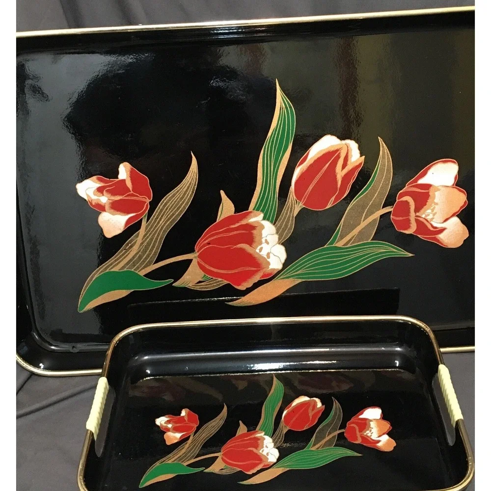2 Vintage Asian Style Black Laquer Floral Trays with Tulip Florals